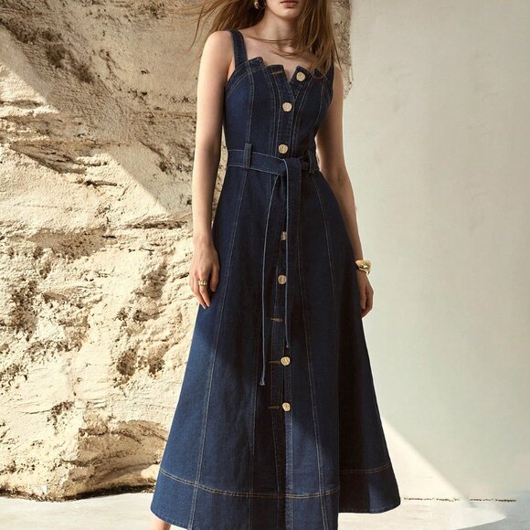 Dresses & Skirts - Blue Casual Women's Button Up Belted Denim Dress